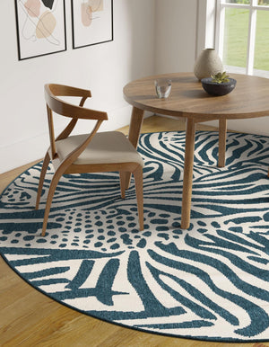 Navy Blue and Ivory 3' 1 x 3' 1 Outdoor Safari Round Area Rug Weather Resistant for Patio, Deck, Terrace, Balcony, Porch Animal Print Wildlife Nature Carpet for Sale at Rug Engine