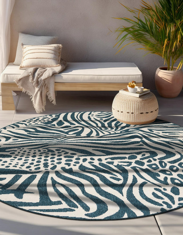 Navy Blue and Ivory 4' 1 x 4' 1 Outdoor Safari Round Area Rug Weather Resistant for Patio, Deck, Terrace, Balcony, Porch Animal Print Wildlife Nature Carpet for Sale at Rug Engine