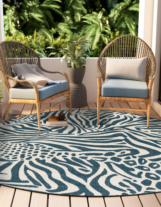 Navy Blue and Ivory 4' 1 x 4' 1 Outdoor Safari Round Area Rug Weather Resistant for Patio, Deck, Terrace, Balcony, Porch Animal Print Wildlife Nature Carpet for Sale at Rug Engine