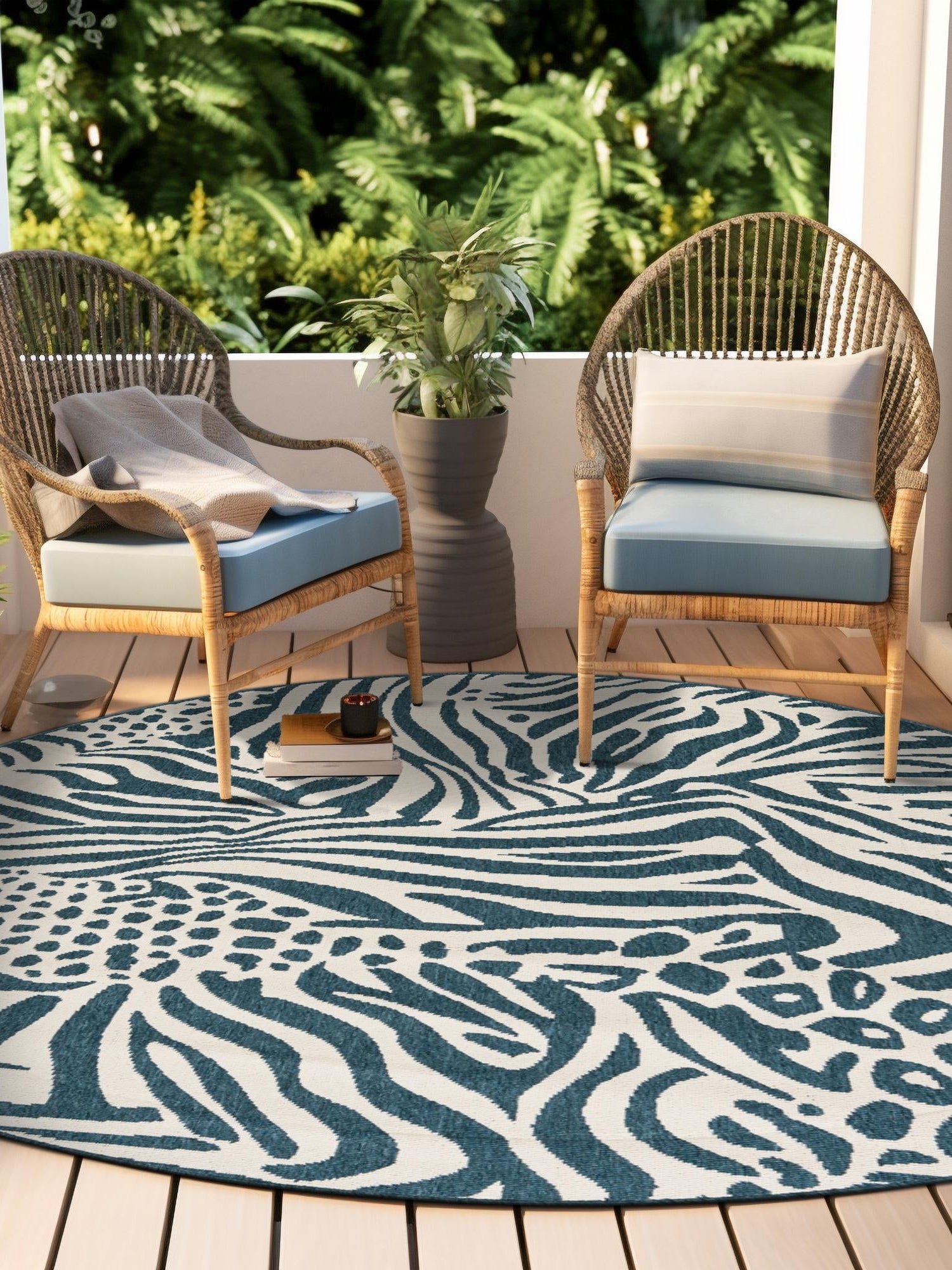 Navy Blue and Ivory 7' 10 x 7' 10 Outdoor Safari Round Area Rug Weather Resistant for Patio, Deck, Terrace, Balcony, Porch Animal Print Wildlife Nature Carpet for Sale at Rug Engine
