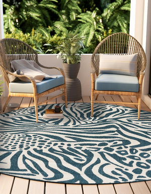 Navy Blue and Ivory 5' 1 x 5' 1 Outdoor Safari Round Area Rug Weather Resistant for Patio, Deck, Terrace, Balcony, Porch Animal Print Wildlife Nature Carpet for Sale at Rug Engine