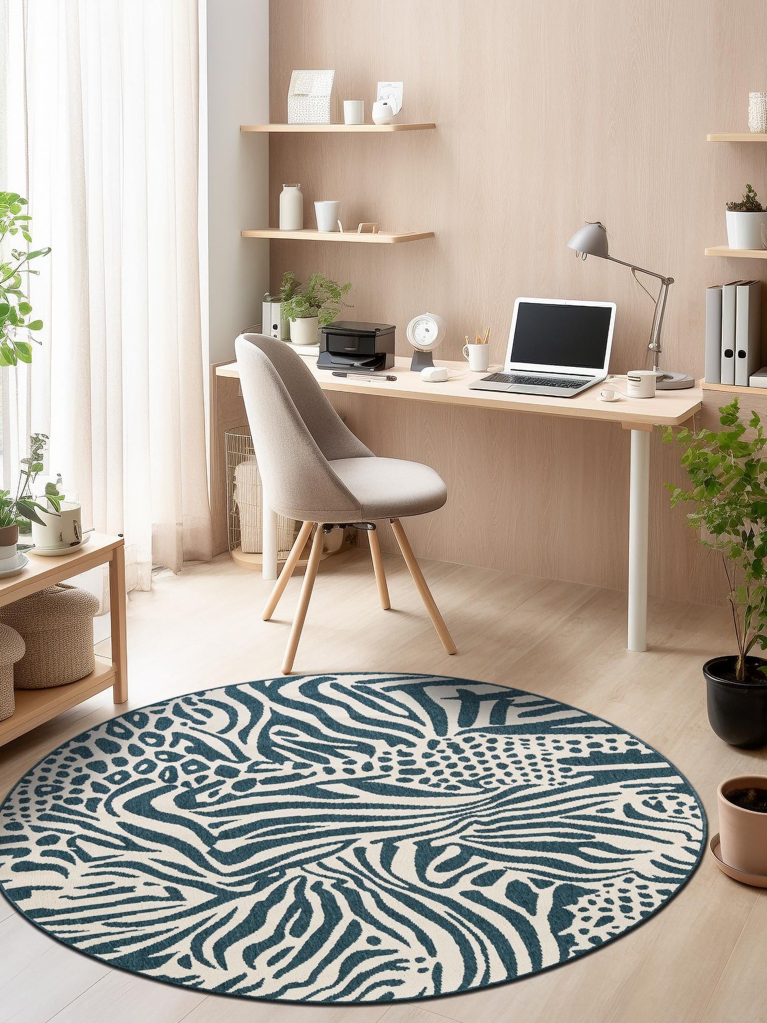 Navy Blue and Ivory 6' 1 x 6' 1 Outdoor Safari Round Area Rug Weather Resistant for Patio, Deck, Terrace, Balcony, Porch Animal Print Wildlife Nature Carpet for Sale at Rug Engine