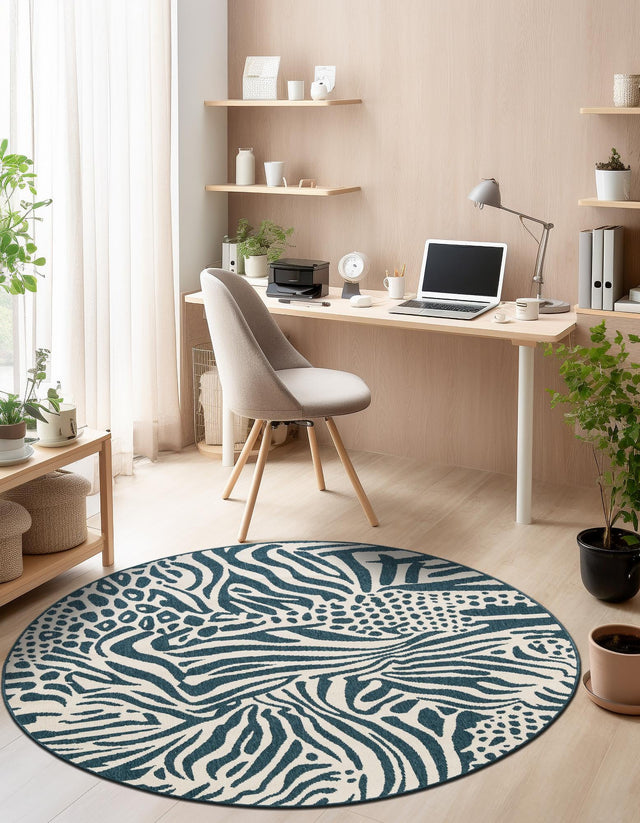 Navy Blue and Ivory 6' 1 x 6' 1 Outdoor Safari Round Area Rug Weather Resistant for Patio, Deck, Terrace, Balcony, Porch Animal Print Wildlife Nature Carpet for Sale at Rug Engine