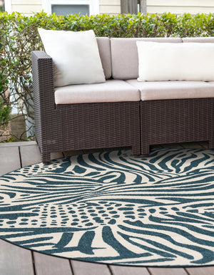 Navy Blue and Ivory 4' 1 x 4' 1 Outdoor Safari Round Area Rug Weather Resistant for Patio, Deck, Terrace, Balcony, Porch Animal Print Wildlife Nature Carpet for Sale at Rug Engine