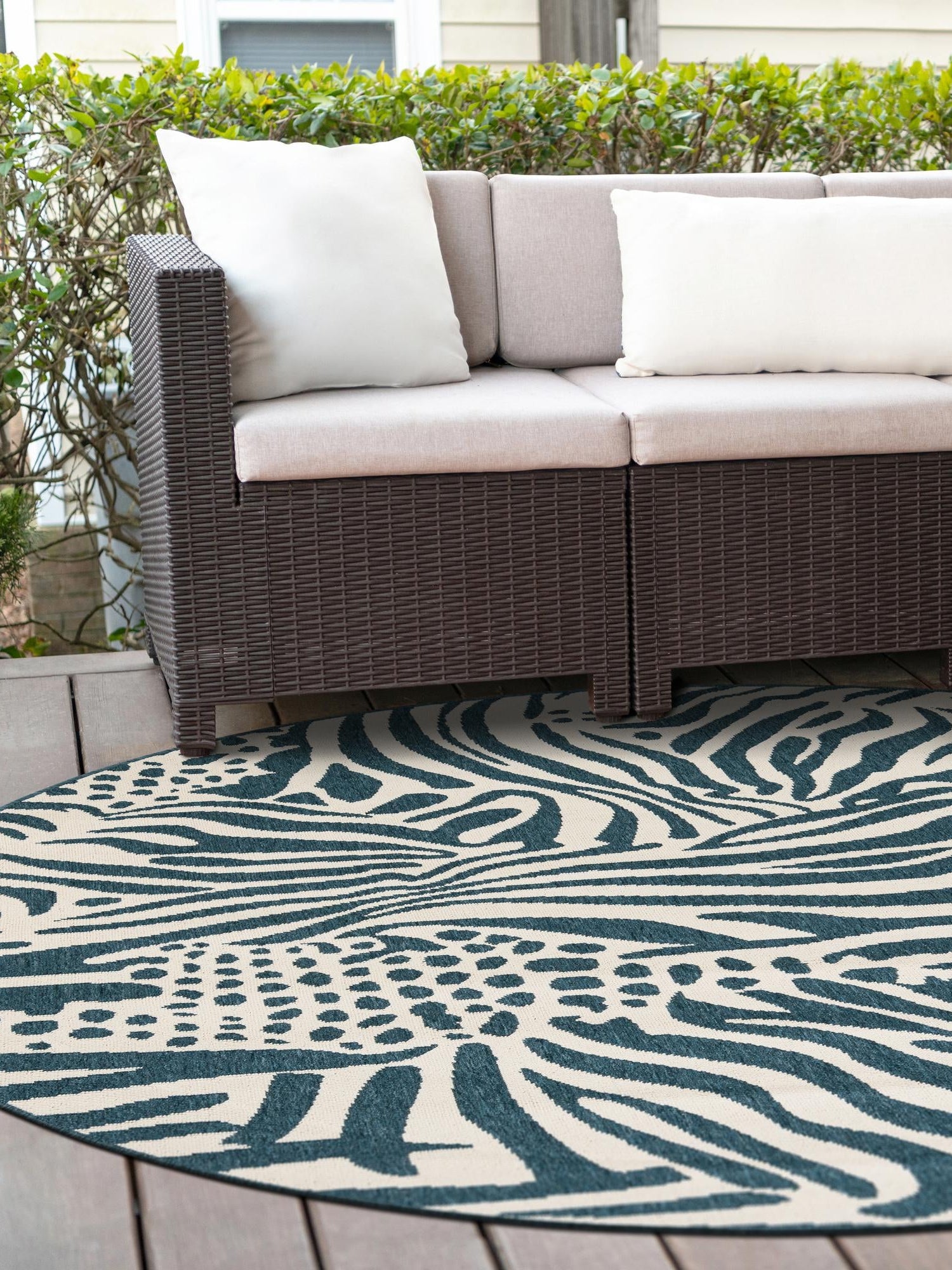 Navy Blue and Ivory 3' 1 x 3' 1 Outdoor Safari Round Area Rug Weather Resistant for Patio, Deck, Terrace, Balcony, Porch Animal Print Wildlife Nature Carpet for Sale at Rug Engine