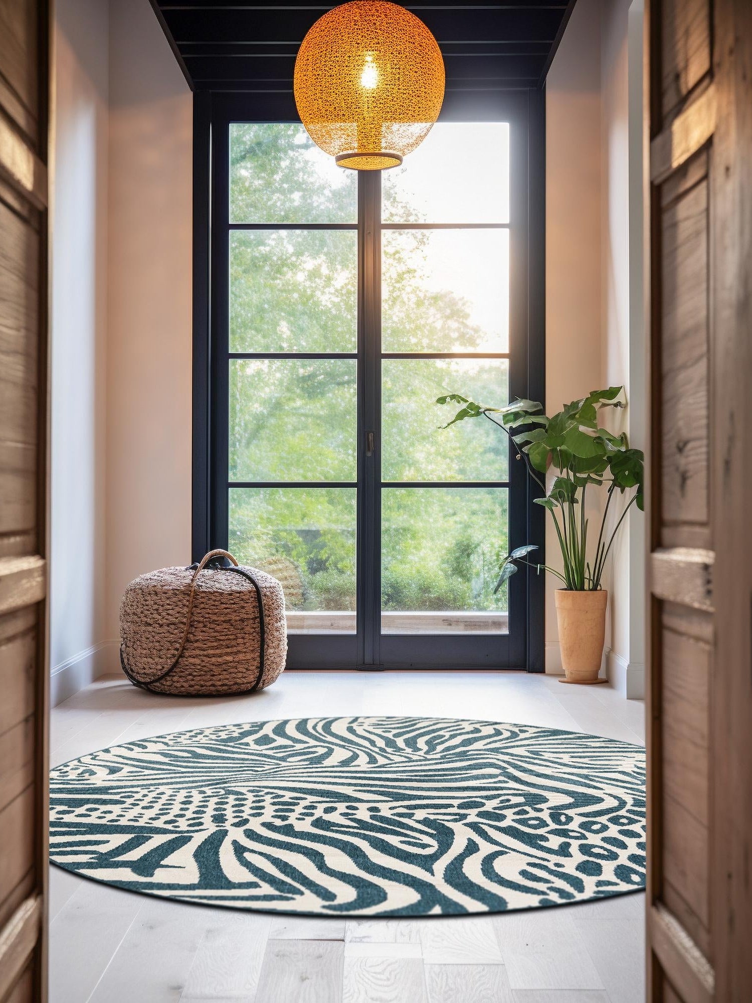 Navy Blue and Ivory 7' 10 x 7' 10 Outdoor Safari Round Area Rug Weather Resistant for Patio, Deck, Terrace, Balcony, Porch Animal Print Wildlife Nature Carpet for Sale at Rug Engine