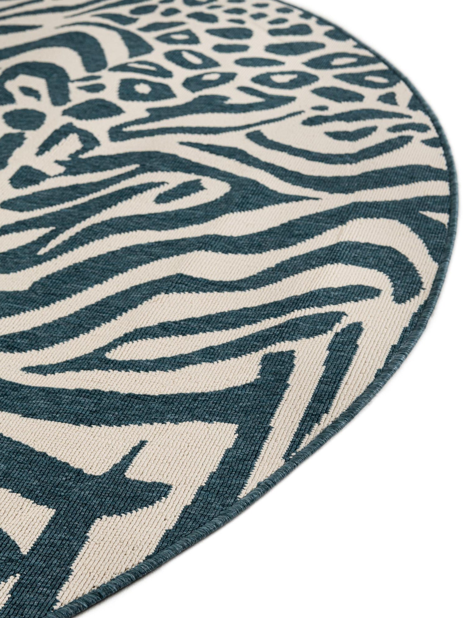 Navy Blue and Ivory 7' 10 x 7' 10 Outdoor Safari Round Area Rug Weather Resistant for Patio, Deck, Terrace, Balcony, Porch Animal Print Wildlife Nature Carpet for Sale at Rug Engine
