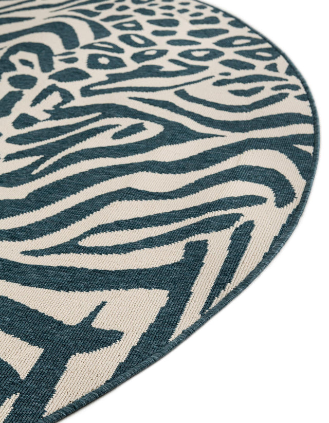 Navy Blue and Ivory 7' 10 x 7' 10 Outdoor Safari Round Area Rug Weather Resistant for Patio, Deck, Terrace, Balcony, Porch Animal Print Wildlife Nature Carpet for Sale at Rug Engine