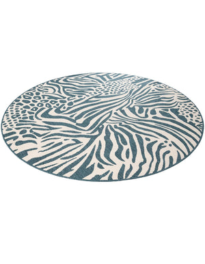 Navy Blue and Ivory 7' 10 x 7' 10 Outdoor Safari Round Area Rug Weather Resistant for Patio, Deck, Terrace, Balcony, Porch Animal Print Wildlife Nature Carpet for Sale at Rug Engine