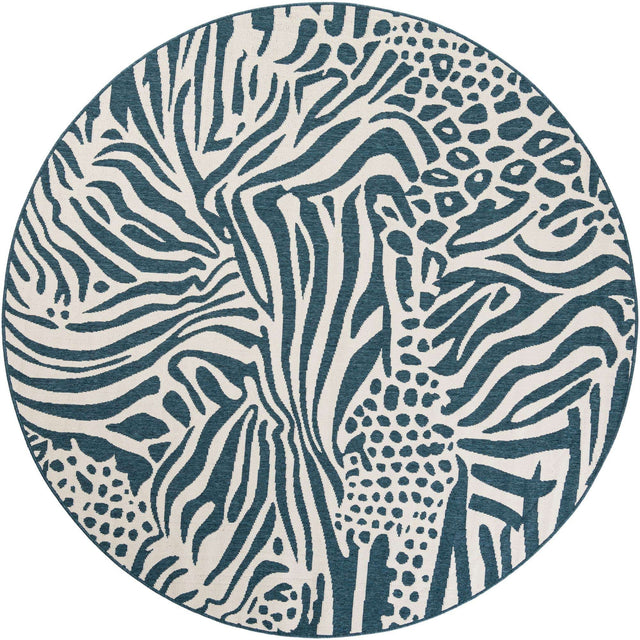 Navy Blue and Ivory 7' 10 x 7' 10 Outdoor Safari Round Area Rug Weather Resistant for Patio, Deck, Terrace, Balcony, Porch Animal Print Wildlife Nature Carpet for Sale at Rug Engine