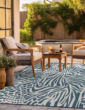 Navy Blue and Ivory 7' 10 x 7' 10 Outdoor Safari Square Area Rug Weather Resistant for Patio, Deck, Terrace, Balcony, Porch Animal Print Wildlife Nature Carpet for Sale at Rug Engine