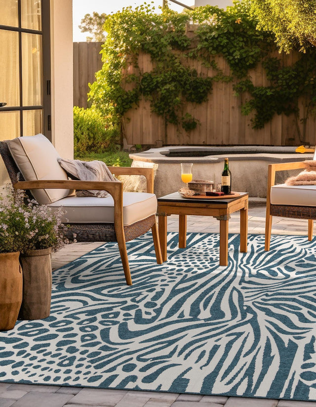 Navy Blue and Ivory 7' 10 x 7' 10 Outdoor Safari Square Area Rug Weather Resistant for Patio, Deck, Terrace, Balcony, Porch Animal Print Wildlife Nature Carpet for Sale at Rug Engine