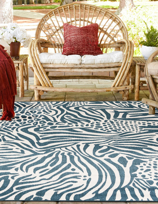 Navy Blue and Ivory 7' 10 x 7' 10 Outdoor Safari Square Area Rug Weather Resistant for Patio, Deck, Terrace, Balcony, Porch Animal Print Wildlife Nature Carpet for Sale at Rug Engine