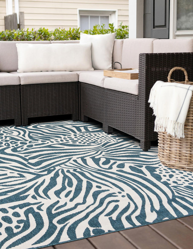 Navy Blue and Ivory 7' 10 x 7' 10 Outdoor Safari Square Area Rug Weather Resistant for Patio, Deck, Terrace, Balcony, Porch Animal Print Wildlife Nature Carpet for Sale at Rug Engine