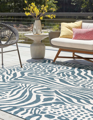 Navy Blue and Ivory 7' 10 x 7' 10 Outdoor Safari Square Area Rug Weather Resistant for Patio, Deck, Terrace, Balcony, Porch Animal Print Wildlife Nature Carpet for Sale at Rug Engine