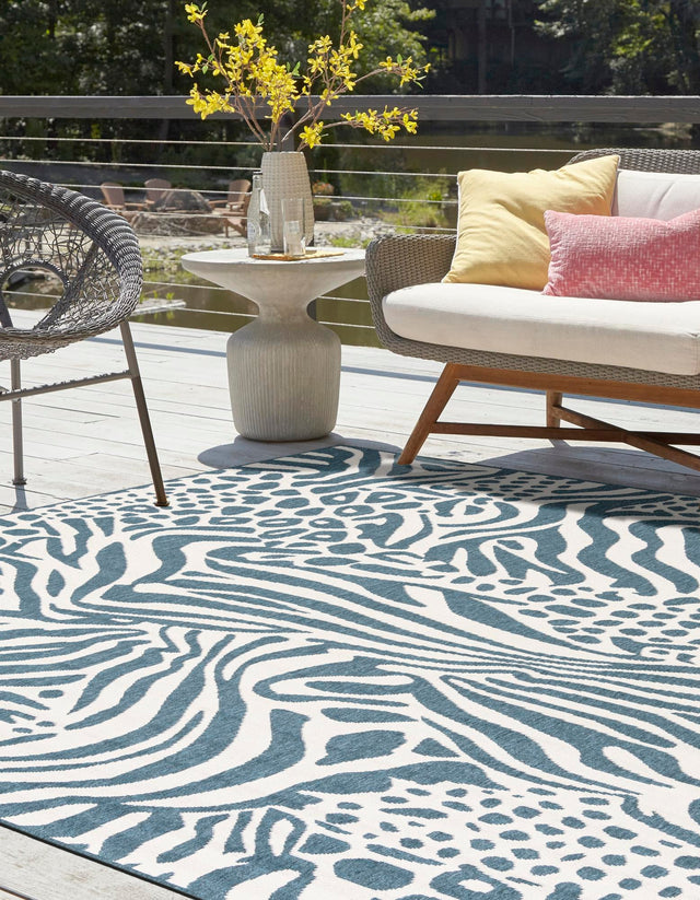 Navy Blue and Ivory 7' 10 x 7' 10 Outdoor Safari Square Area Rug Weather Resistant for Patio, Deck, Terrace, Balcony, Porch Animal Print Wildlife Nature Carpet for Sale at Rug Engine