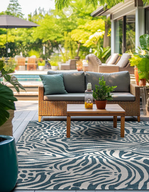 Navy Blue and Ivory 7' 10 x 7' 10 Outdoor Safari Square Area Rug Weather Resistant for Patio, Deck, Terrace, Balcony, Porch Animal Print Wildlife Nature Carpet for Sale at Rug Engine