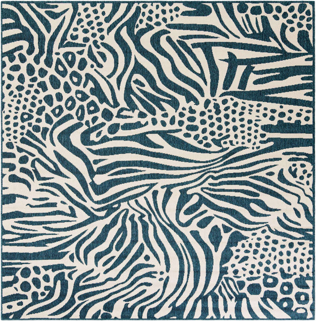 Navy Blue and Ivory 7' 10 x 7' 10 Outdoor Safari Square Area Rug Weather Resistant for Patio, Deck, Terrace, Balcony, Porch Animal Print Wildlife Nature Carpet for Sale at Rug Engine