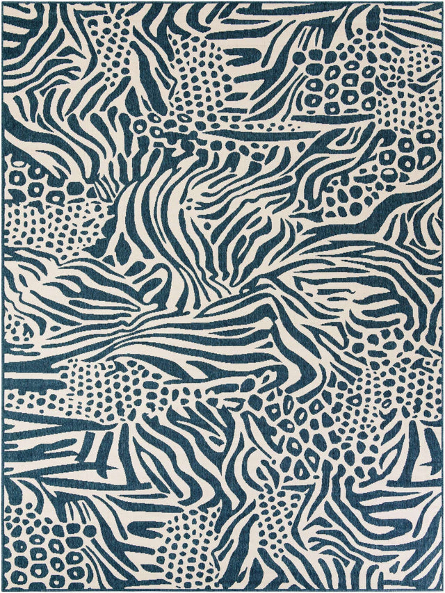 Navy Blue and Ivory 9' x 12' Outdoor Safari Rectangle Area Rug Weather Resistant for Patio, Deck, Terrace, Balcony, Porch Animal Print Wildlife Nature Carpet for Sale at Rug Engine