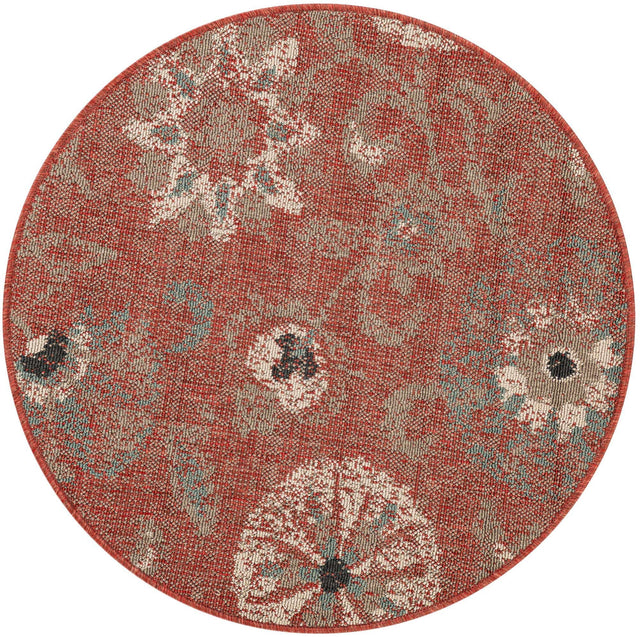 Terracotta 3' 1 x 3' 1 Outdoor Botanical Round Area Rug Weather Resistant for Patio, Deck, Terrace, Balcony, Porch Polypropylene Garden Floral Tropical Carpet for Sale at Rug Engine