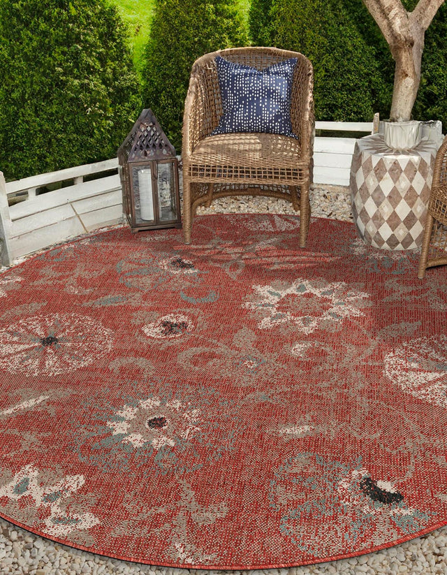Terracotta 3' 1 x 3' 1 Outdoor Botanical Round Area Rug Weather Resistant for Patio, Deck, Terrace, Balcony, Porch Polypropylene Garden Floral Tropical Carpet for Sale at Rug Engine
