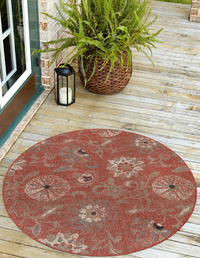 Terracotta 7' 10 x 7' 10 Outdoor Botanical Round Area Rug Weather Resistant for Patio, Deck, Terrace, Balcony, Porch Polypropylene Garden Floral Tropical Carpet for Sale at Rug Engine