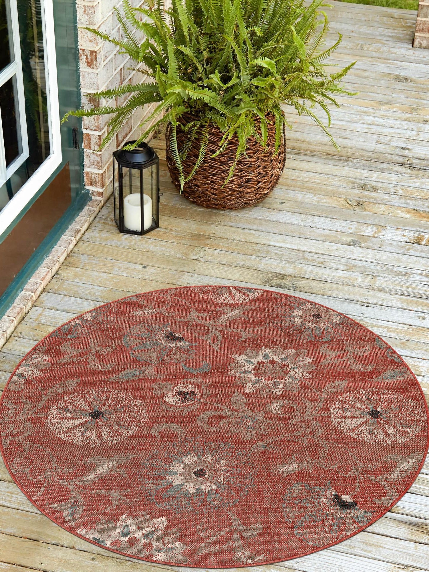 Terracotta 5' 1 x 5' 1 Outdoor Botanical Round Area Rug Weather Resistant for Patio, Deck, Terrace, Balcony, Porch Polypropylene Garden Floral Tropical Carpet for Sale at Rug Engine