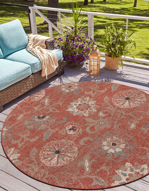 Terracotta 7' 10 x 7' 10 Outdoor Botanical Round Area Rug Weather Resistant for Patio, Deck, Terrace, Balcony, Porch Polypropylene Garden Floral Tropical Carpet for Sale at Rug Engine