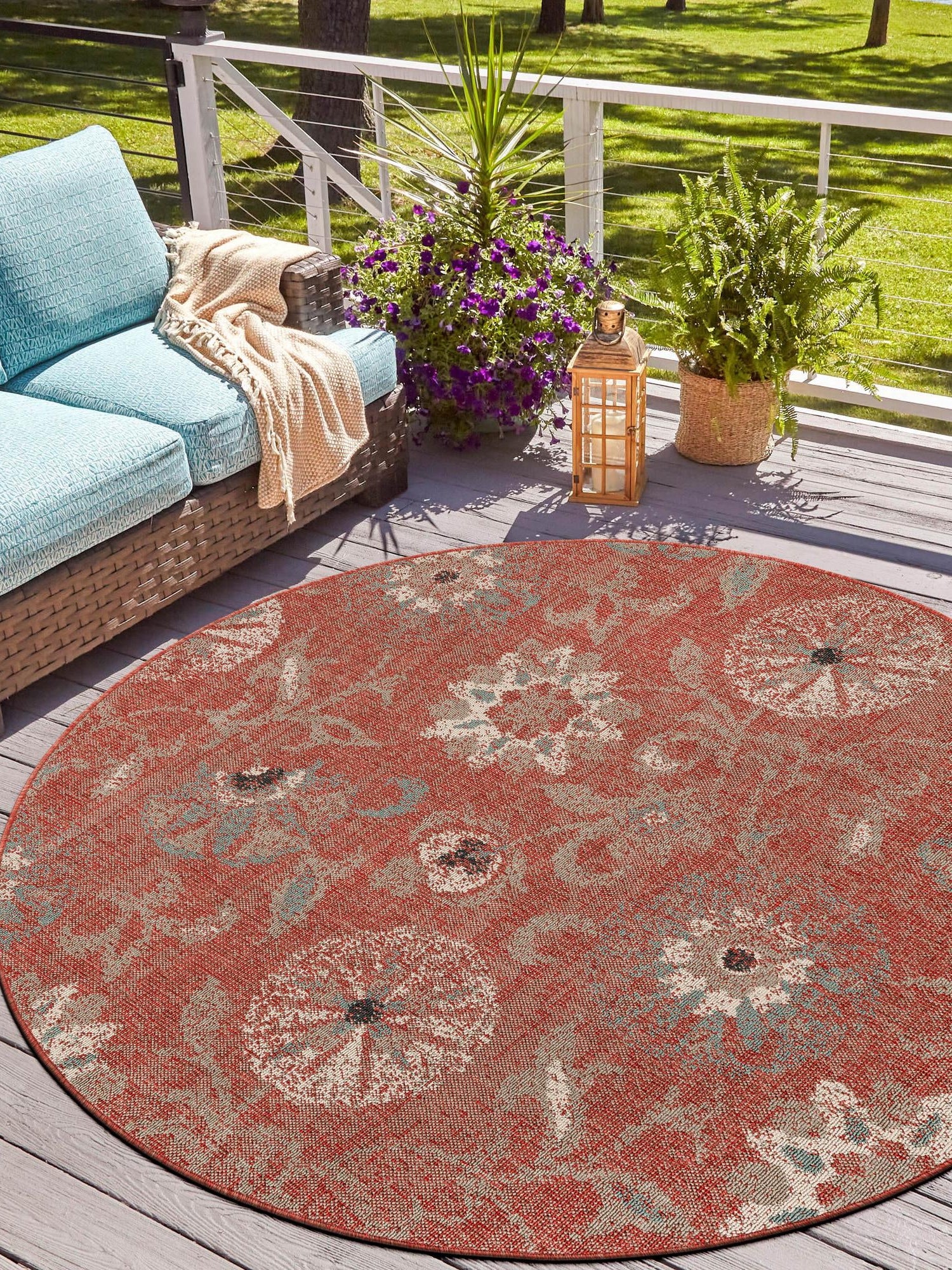Terracotta 5' 1 x 5' 1 Outdoor Botanical Round Area Rug Weather Resistant for Patio, Deck, Terrace, Balcony, Porch Polypropylene Garden Floral Tropical Carpet for Sale at Rug Engine