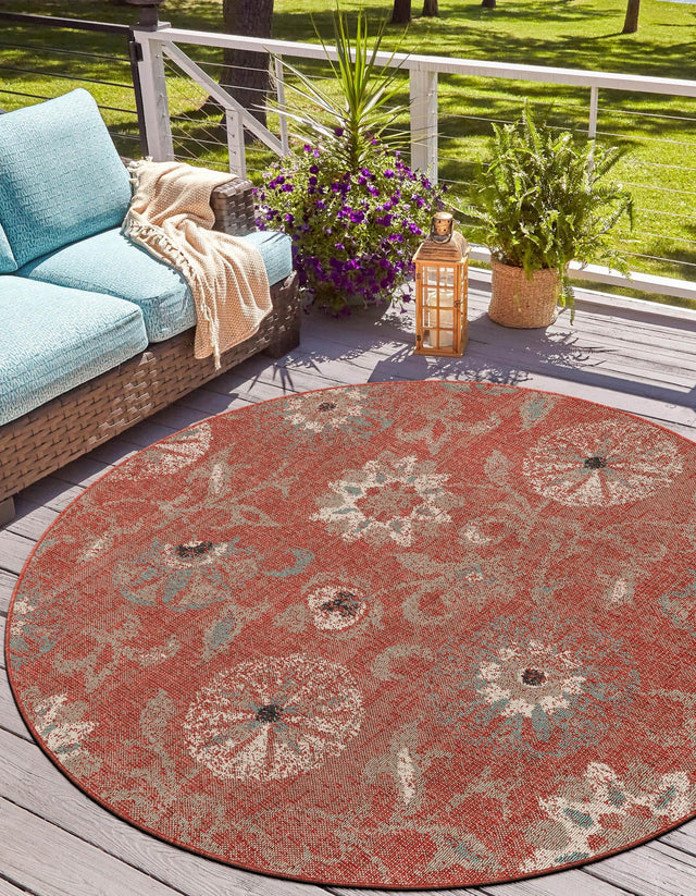 Terracotta 3' 1 x 3' 1 Outdoor Botanical Round Area Rug Weather Resistant for Patio, Deck, Terrace, Balcony, Porch Polypropylene Garden Floral Tropical Carpet for Sale at Rug Engine