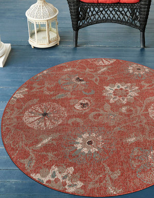 Terracotta 3' 1 x 3' 1 Outdoor Botanical Round Area Rug Weather Resistant for Patio, Deck, Terrace, Balcony, Porch Polypropylene Garden Floral Tropical Carpet for Sale at Rug Engine