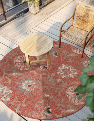 Terracotta 7' 10 x 7' 10 Outdoor Botanical Round Area Rug Weather Resistant for Patio, Deck, Terrace, Balcony, Porch Polypropylene Garden Floral Tropical Carpet for Sale at Rug Engine
