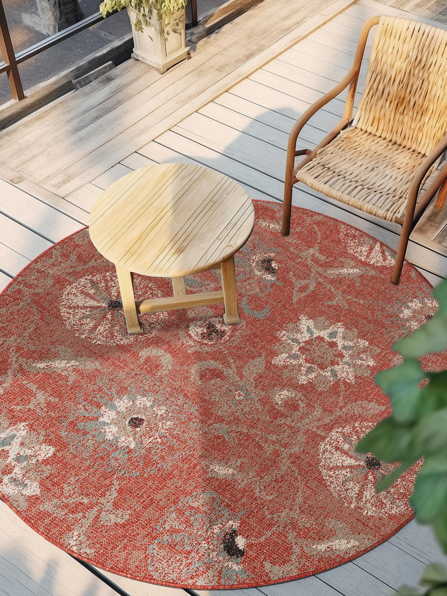 Terracotta 6' 1 x 6' 1 Outdoor Botanical Round Area Rug Weather Resistant for Patio, Deck, Terrace, Balcony, Porch Polypropylene Garden Floral Tropical Carpet for Sale at Rug Engine
