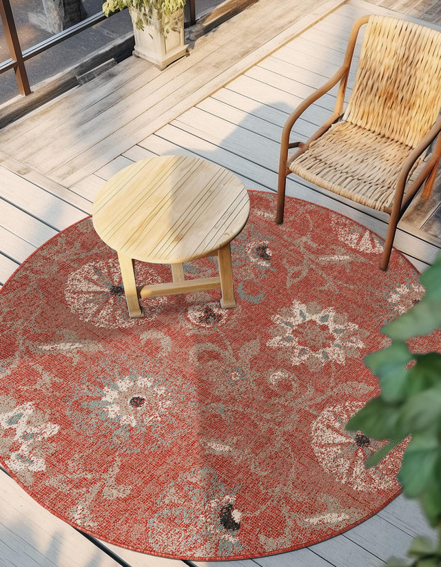 Terracotta 3' 1 x 3' 1 Outdoor Botanical Round Area Rug Weather Resistant for Patio, Deck, Terrace, Balcony, Porch Polypropylene Garden Floral Tropical Carpet for Sale at Rug Engine