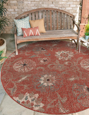 Terracotta 3' 1 x 3' 1 Outdoor Botanical Round Area Rug Weather Resistant for Patio, Deck, Terrace, Balcony, Porch Polypropylene Garden Floral Tropical Carpet for Sale at Rug Engine