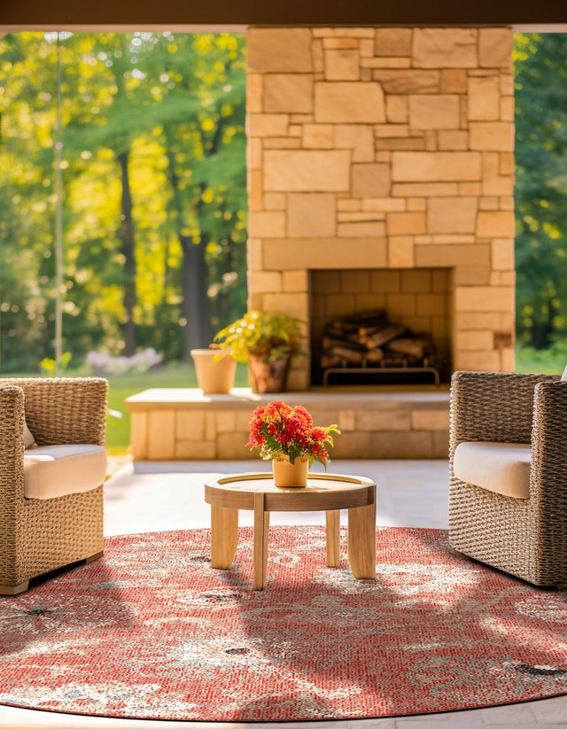 Terracotta 3' 1 x 3' 1 Outdoor Botanical Round Area Rug Weather Resistant for Patio, Deck, Terrace, Balcony, Porch Polypropylene Garden Floral Tropical Carpet for Sale at Rug Engine