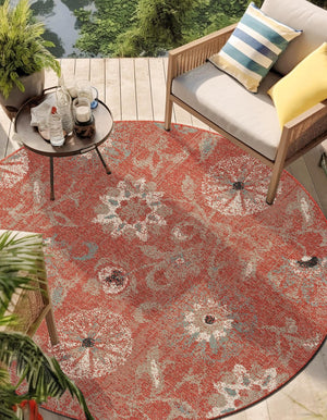 Terracotta 7' 10 x 7' 10 Outdoor Botanical Round Area Rug Weather Resistant for Patio, Deck, Terrace, Balcony, Porch Polypropylene Garden Floral Tropical Carpet for Sale at Rug Engine