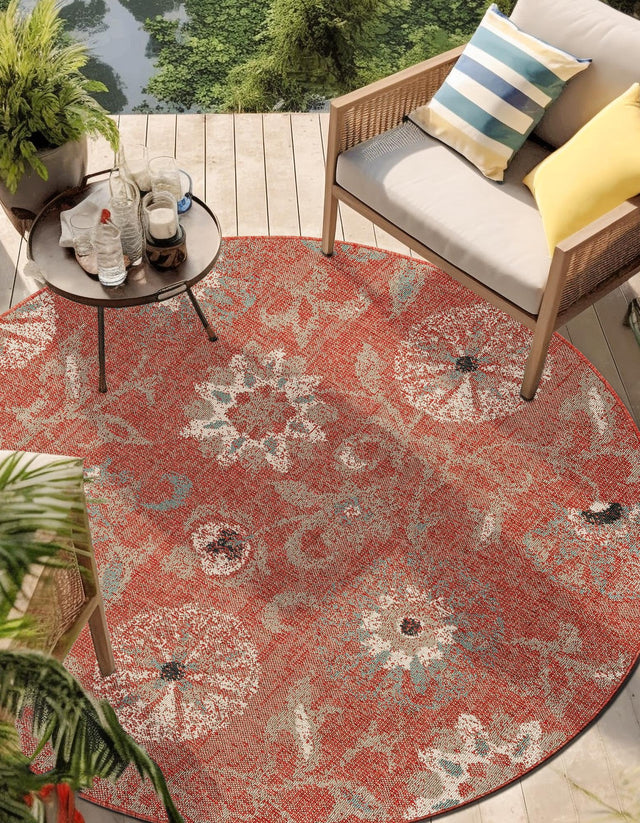 Terracotta 5' 1 x 5' 1 Outdoor Botanical Round Area Rug Weather Resistant for Patio, Deck, Terrace, Balcony, Porch Polypropylene Garden Floral Tropical Carpet for Sale at Rug Engine