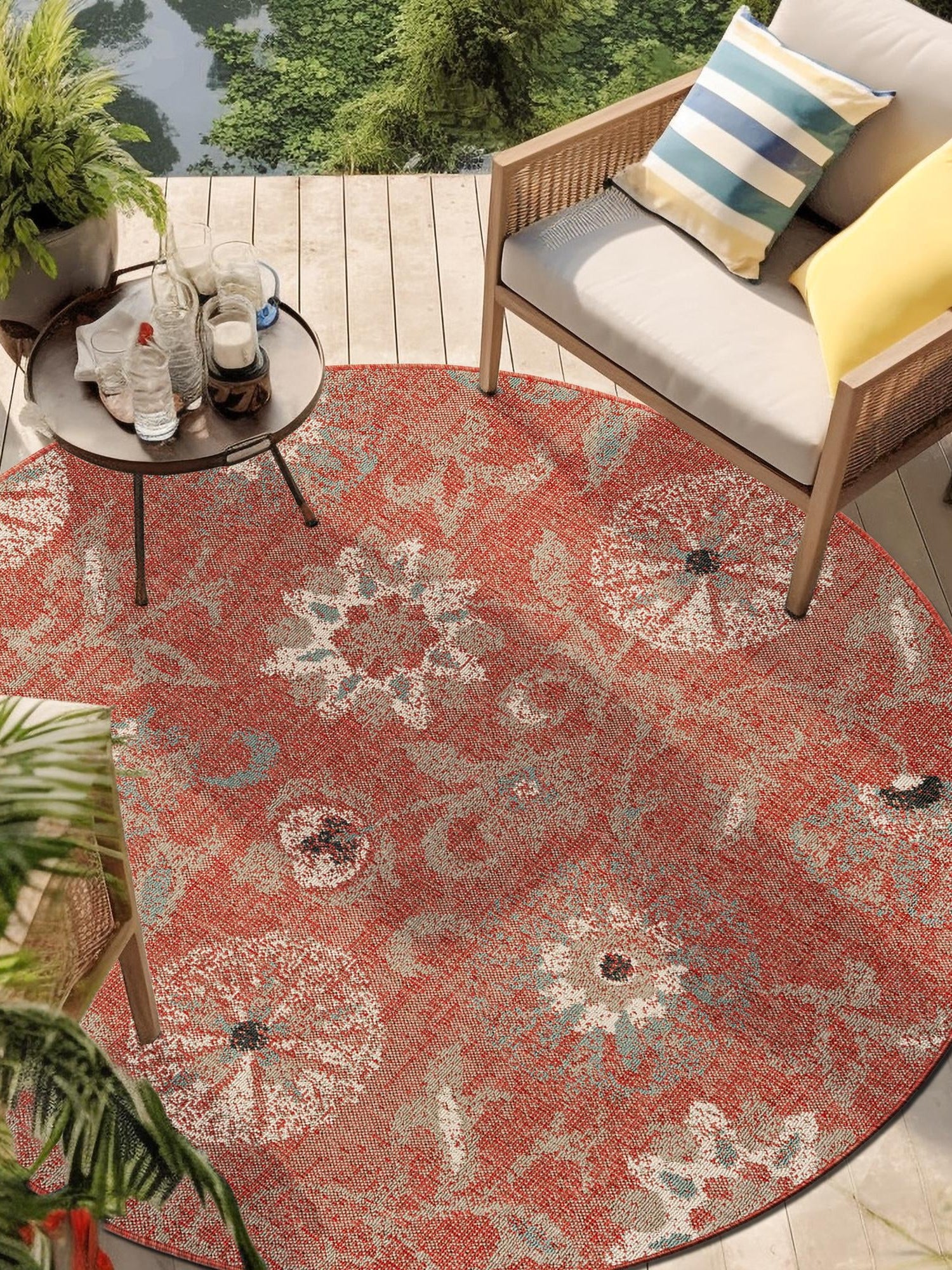 Terracotta 3' 1 x 3' 1 Outdoor Botanical Round Area Rug Weather Resistant for Patio, Deck, Terrace, Balcony, Porch Polypropylene Garden Floral Tropical Carpet for Sale at Rug Engine