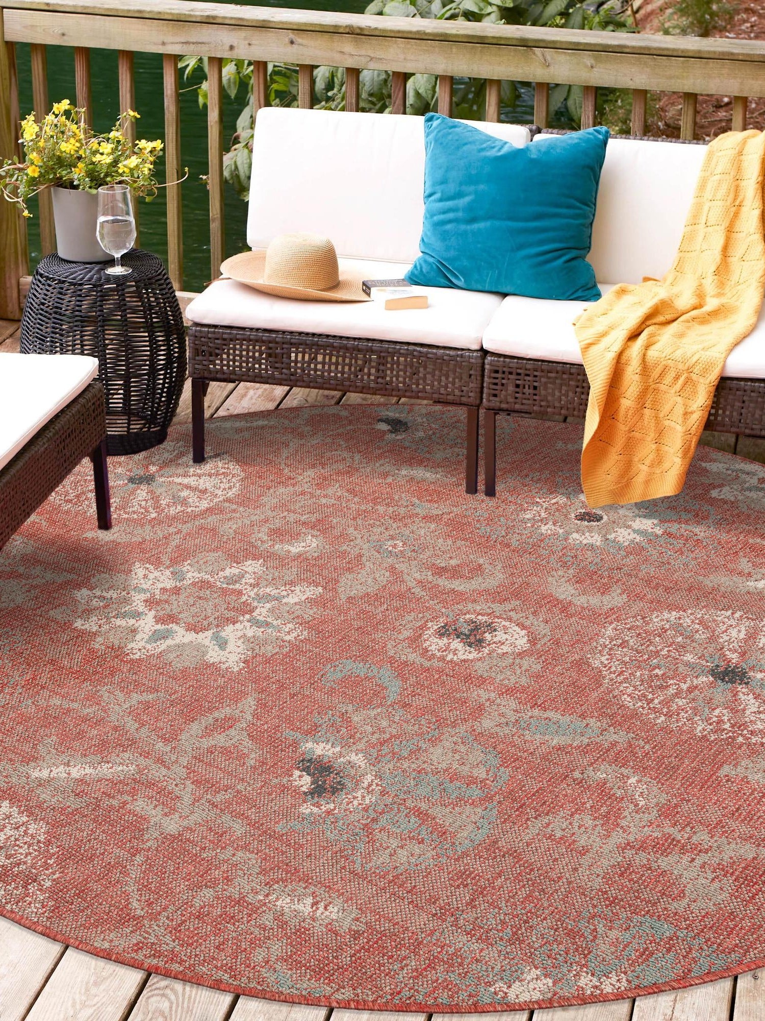 Terracotta 5' 1 x 5' 1 Outdoor Botanical Round Area Rug Weather Resistant for Patio, Deck, Terrace, Balcony, Porch Polypropylene Garden Floral Tropical Carpet for Sale at Rug Engine