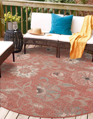 Terracotta 5' 1 x 5' 1 Outdoor Botanical Round Area Rug Weather Resistant for Patio, Deck, Terrace, Balcony, Porch Polypropylene Garden Floral Tropical Carpet for Sale at Rug Engine