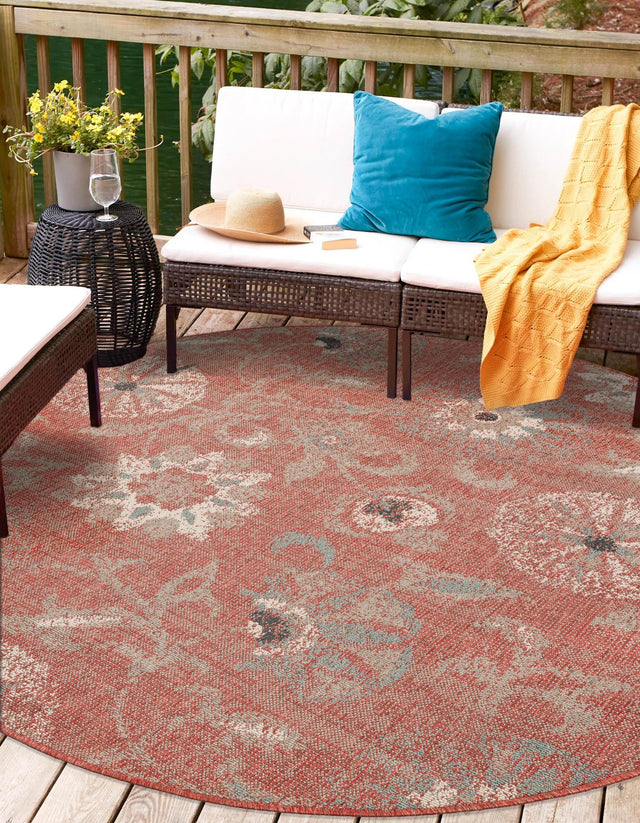 Terracotta 5' 1 x 5' 1 Outdoor Botanical Round Area Rug Weather Resistant for Patio, Deck, Terrace, Balcony, Porch Polypropylene Garden Floral Tropical Carpet for Sale at Rug Engine