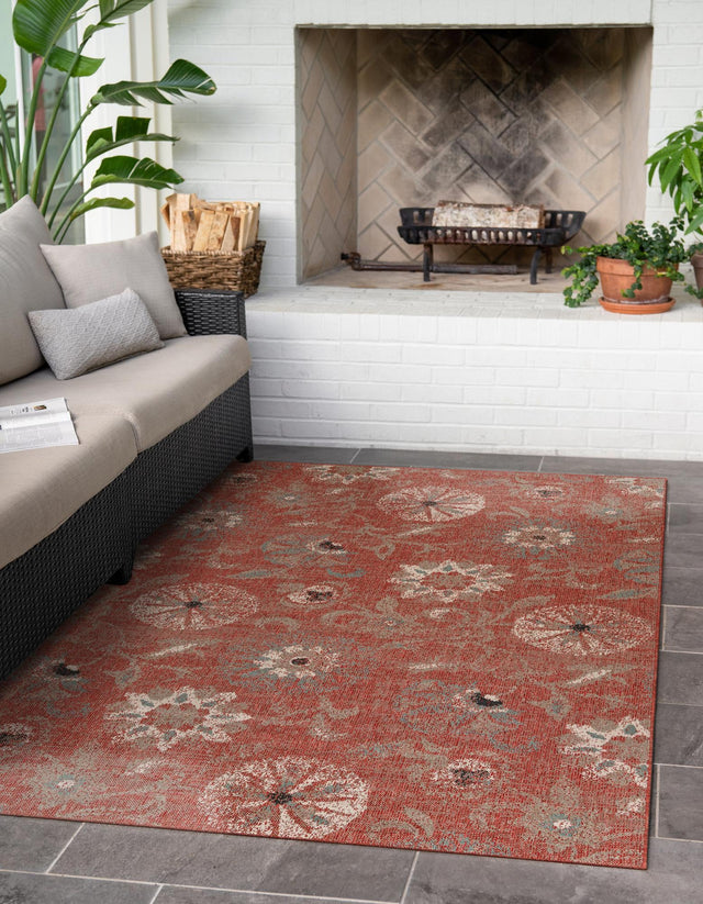 Terracotta 6' 1 x 9' Outdoor Botanical Rectangle Area Rug Weather Resistant for Patio, Deck, Terrace, Balcony, Porch Polypropylene Garden Floral Tropical Carpet for Sale at Rug Engine