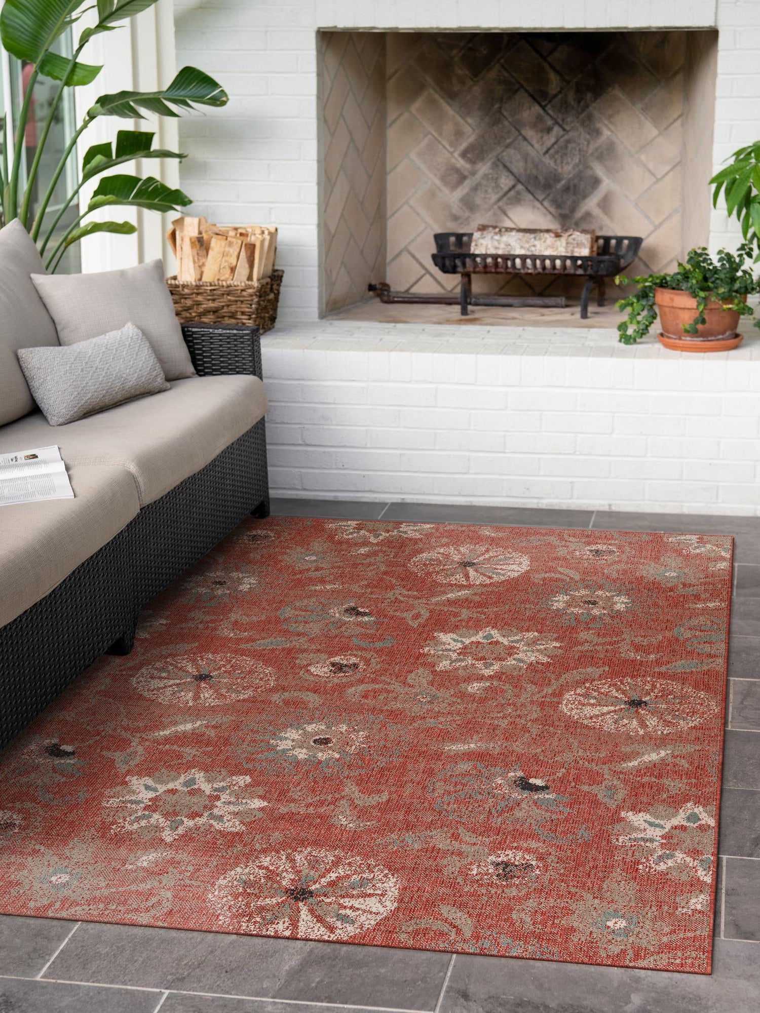 Terracotta 5' 1 x 8' Outdoor Botanical Rectangle Area Rug Weather Resistant for Patio, Deck, Terrace, Balcony, Porch Polypropylene Garden Floral Tropical Carpet for Sale at Rug Engine