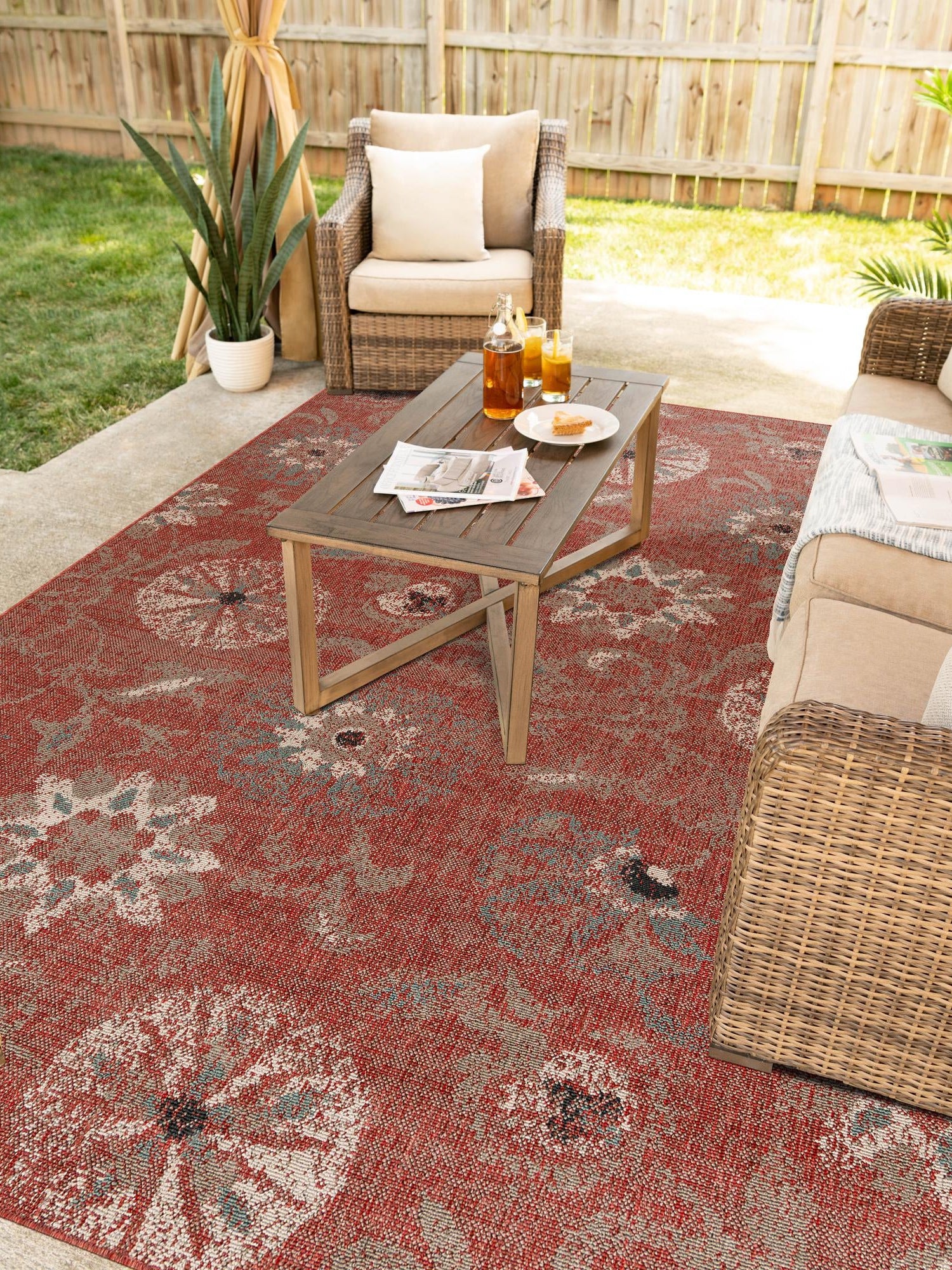 Terracotta 2' x 3' 1 Outdoor Botanical Rectangle Area Rug Weather Resistant for Patio, Deck, Terrace, Balcony, Porch Polypropylene Garden Floral Tropical Carpet for Sale at Rug Engine
