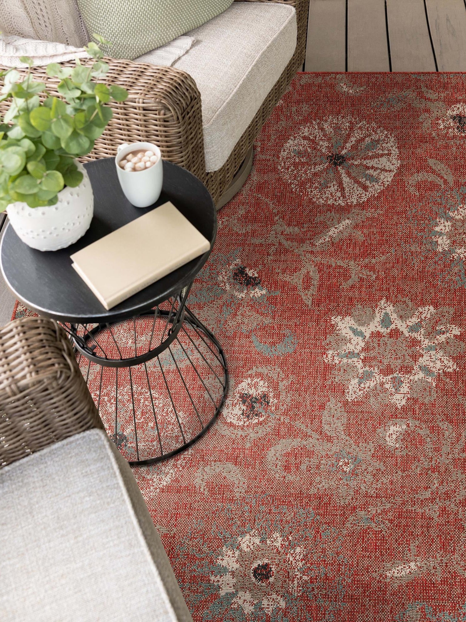 Terracotta 4' 1 x 6' 1 Outdoor Botanical Rectangle Area Rug Weather Resistant for Patio, Deck, Terrace, Balcony, Porch Polypropylene Garden Floral Tropical Carpet for Sale at Rug Engine