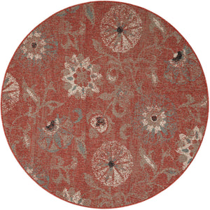 Terracotta 6' 1 x 6' 1 Outdoor Botanical Round Area Rug Weather Resistant for Patio, Deck, Terrace, Balcony, Porch Polypropylene Garden Floral Tropical Carpet for Sale at Rug Engine