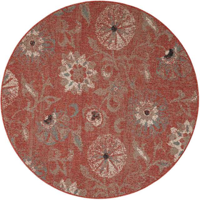 Terracotta 6' 1 x 6' 1 Outdoor Botanical Round Area Rug Weather Resistant for Patio, Deck, Terrace, Balcony, Porch Polypropylene Garden Floral Tropical Carpet for Sale at Rug Engine