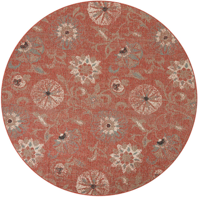 Terracotta 7' 10 x 7' 10 Outdoor Botanical Round Area Rug Weather Resistant for Patio, Deck, Terrace, Balcony, Porch Polypropylene Garden Floral Tropical Carpet for Sale at Rug Engine