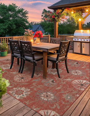 Terracotta 7' 10 x 7' 10 Outdoor Botanical Square Area Rug Weather Resistant for Patio, Deck, Terrace, Balcony, Porch Polypropylene Garden Floral Tropical Carpet for Sale at Rug Engine